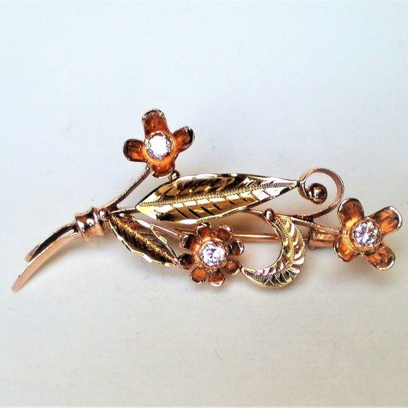 Vintage Russian 14K 583 Rose Pink Yellow Gold Bouquet Flowers CZ Brooch Pin - Picture 1 of 4